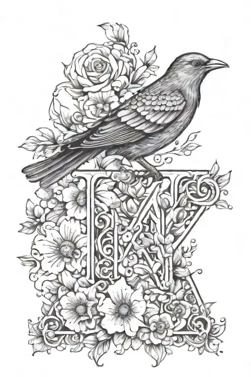 The Letter M Incorporated Into A Bird With Flowers With
