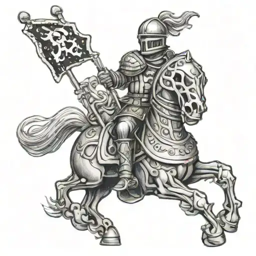 Armored Skeleton Knight Holding A Flag While Riding An Armored Horse Jumping
