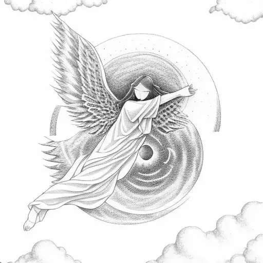 Angel Sleeping Above The Cloud In Front Of The Big Sun Linework