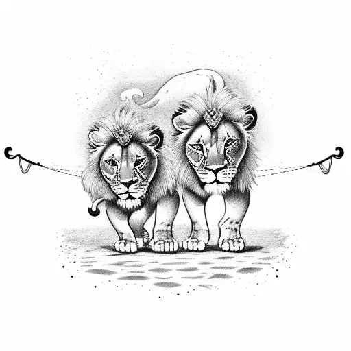 A Lion And Boy Walking Hand In Hand On A Tightrope