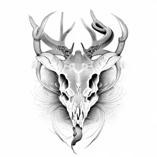 Long Snake And Deer Face Half Skull