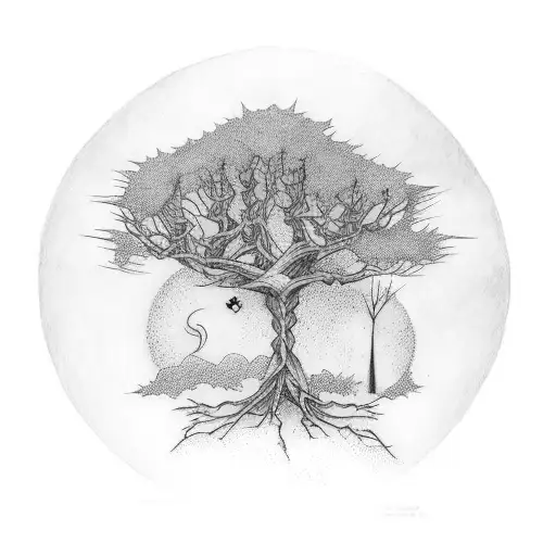 A Creepy Tree With Skeletal Branches And A Moonlit Sky