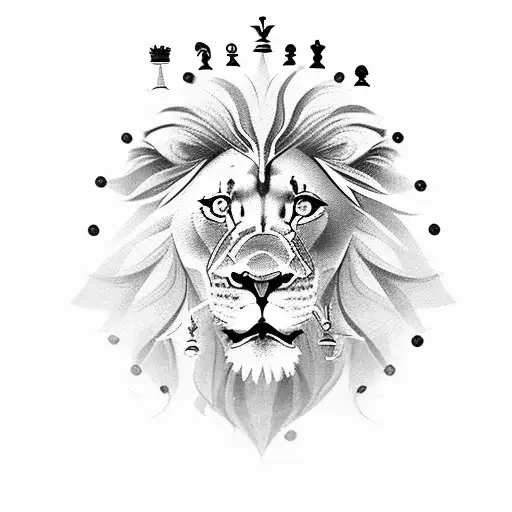 A Dotwork Lion With Chess Pieces As Its Mane