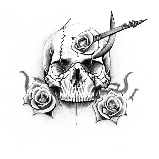 Dagger Thru Skull With Barbed Wire Around And A Rose