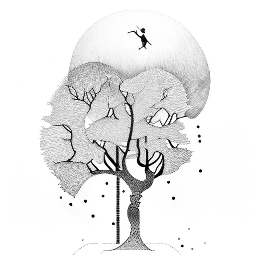 A Dotwork Tattoo Of A Sexy Silhouette Dancing Among Forest Trees