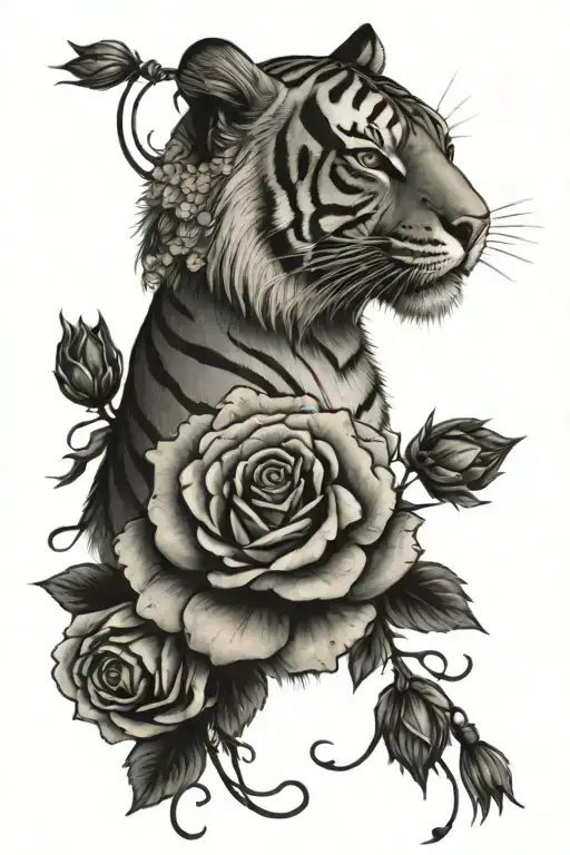Tiger Holding Tassel And Roses Blooming