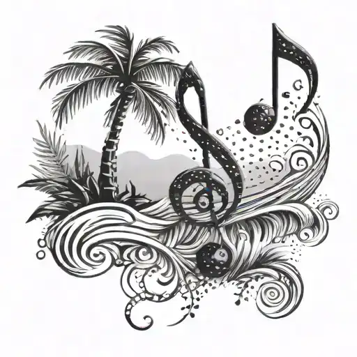 A Music Note Made Out Of Palm Trees With Waves Crashing In The Background