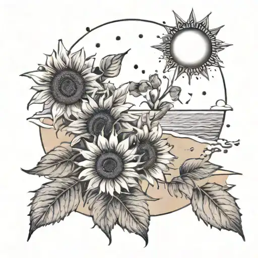A Beach Scene With Sunflowers Growing Out Of The Sand Under A Shining Sun