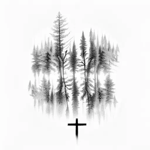 A Serene Forest Scene With A Cross Hidden Among The Trees