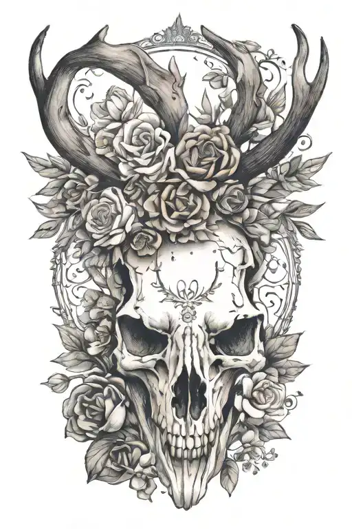Anatomy-inspired Deer Skull With A Vintage Flower Crown And Alchemist Symbols
