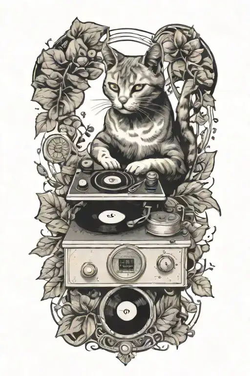 A Cat Playing A Vintage Record Player Under A Tree With Anatomical Heart-shaped Leaves