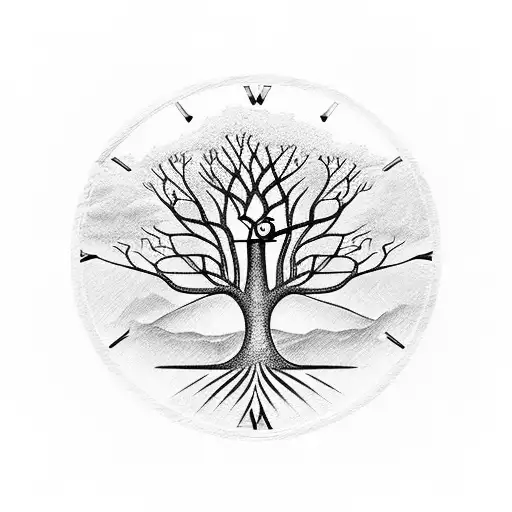 The Tree Of Life With 3 Branches And An Analog Retro Clock On Each Branch