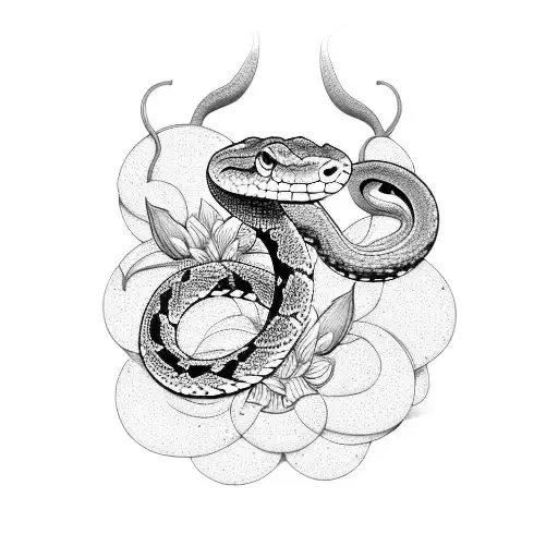 A Serene Outdoor Scene Featuring A Snake Coiled Around A Blooming Plant