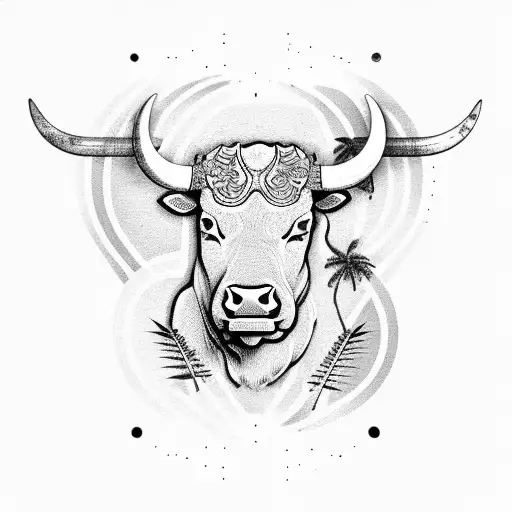 A Bull Behind A Palm Tree