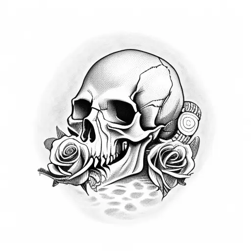 Skull With A Rattle Snake Coming In The Mouth And Out The Eye And It's Tail Wrapping Around A Rose
