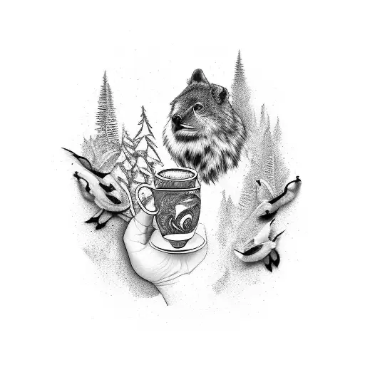 A Wildlife Biologist Holding A Coffee Mug While Surrounded By Various Wildlife Species