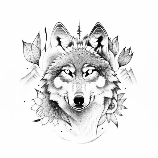 Wolf And Flowers And Mountain And Tree
