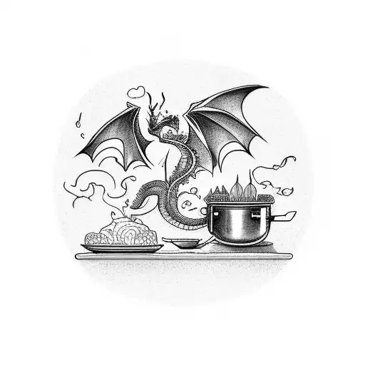 A Chef Cooking A Meal With A Dragon As His Assistant