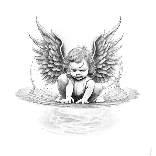 A Little Angel Staring Into A Puddle Of Water And Seeing The Devil