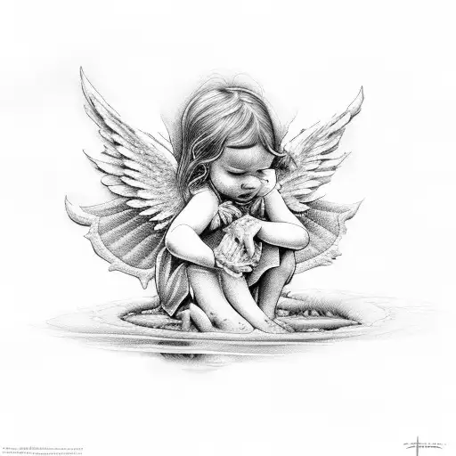 A Little Angel Staring Into A Puddle Of Water And Seeing The Devil Inside Of It