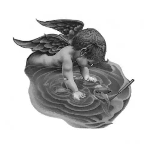 A Little Angel Playing In The Water And Seeing A Pineapple In The Water