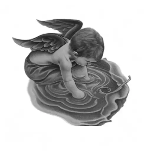 A Little Angel Playing In The Water And Inside The Water There Is A Devil Face