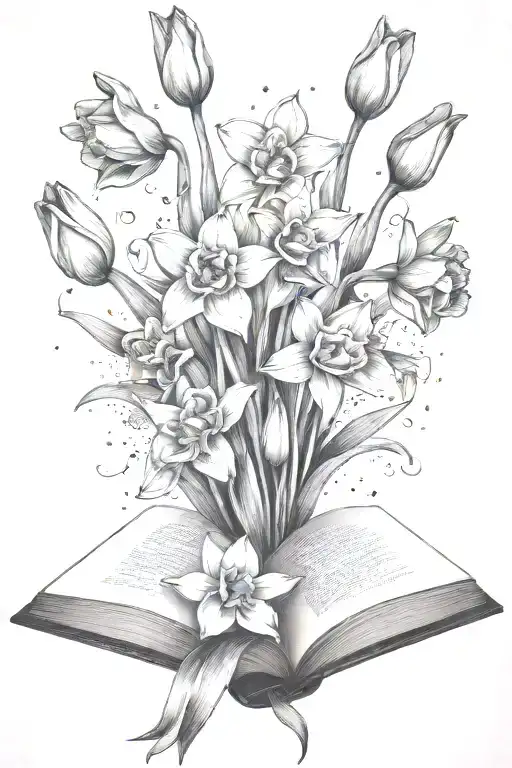 Daffodils And Tulips Bouquet Over An Open Book
