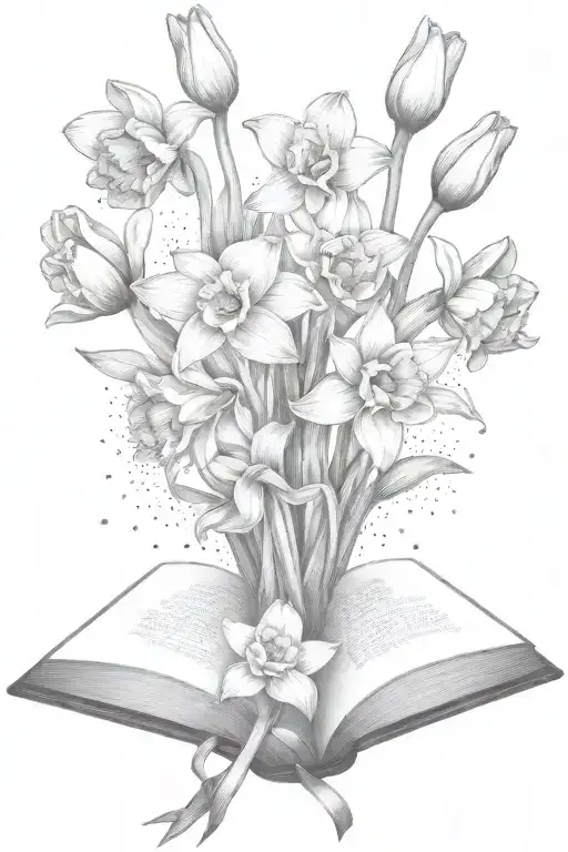 Daffodils And Tulips Bouquet Over An Open Book