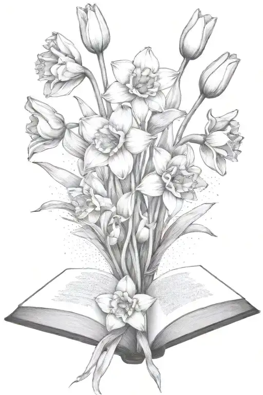 Daffodils And Tulips Bouquet Over An Open Book