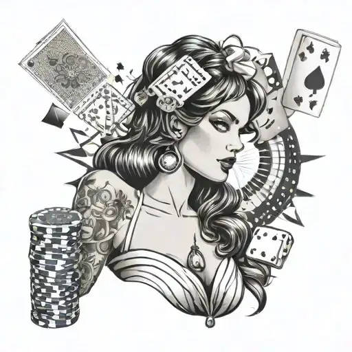 A Pin Up Girl Surrounded By Gambling Symbols Like Dice And Poker Chips In A Dotwork Style