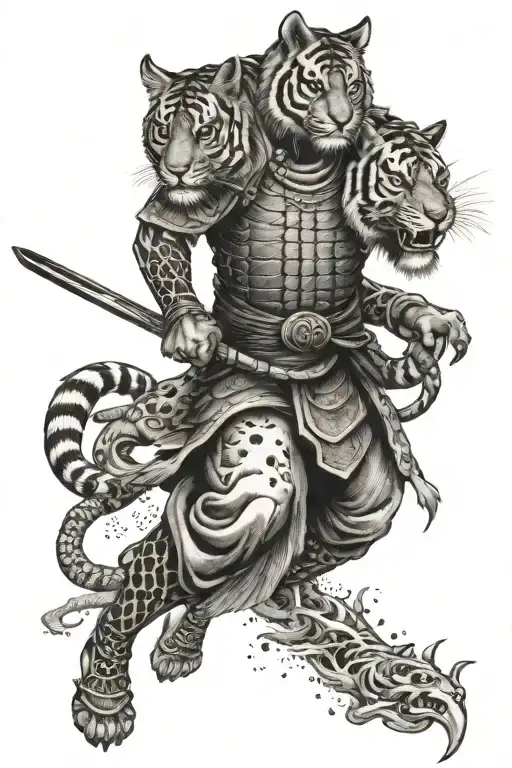 Samurai Warrior And Tiger Full Body