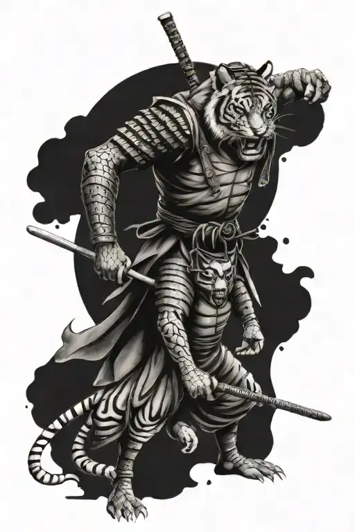 Samurai Warrior And Tiger Full Body