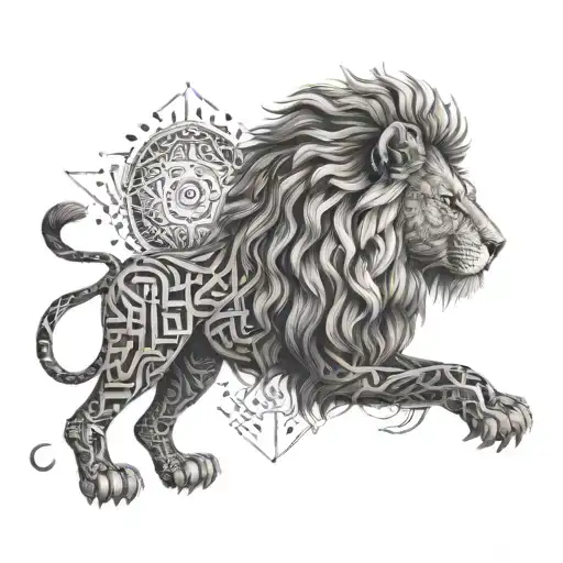 Spiritual Lion With Intricate Geometric Patterns Inspired By Dark Magic
