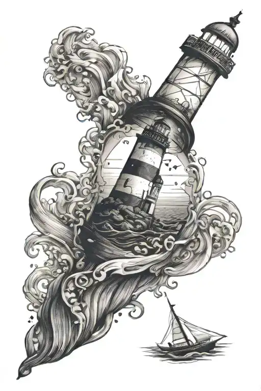 Bottle In The Sea With A Choppy Ocean And Lighthouse Inside