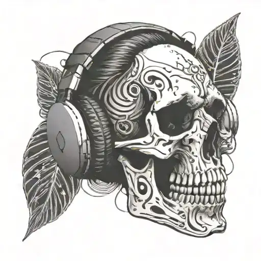 A Skull Wearing Headphones With Musical Notes As Background