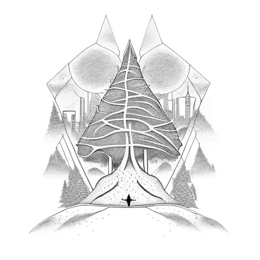 A Dotwork Design Featuring A Tree Merging With Various Landmarks From Different Countries