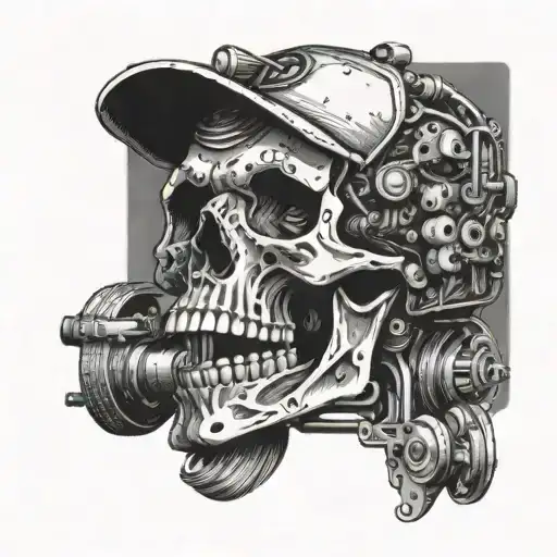 A Skull With Car Engine Parts Incorporated Into The Design