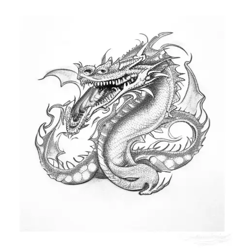 A Dotwork Tattoo Of A Dragon And Tom Shelby Sharing A Joint