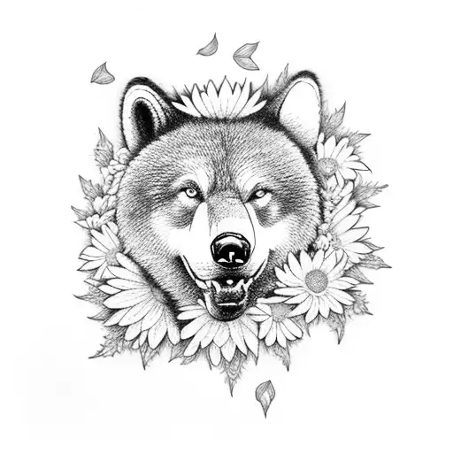 A Bear And A Wolf Surrounded By Daisies And Roses
