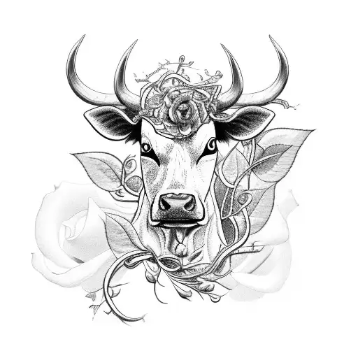 A Cow With Rose Vines Wrapping Around Its Horns
