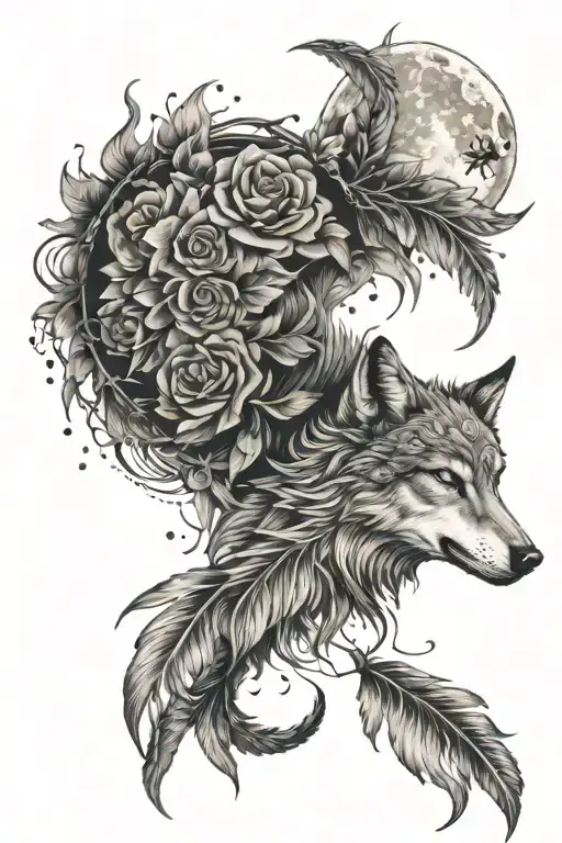 Moon Witch Wolf Feather Flowers