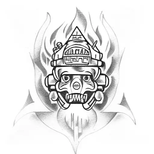 A Tattoo Of A Firefighter Emerging From A Burning Mayan Pyramid
