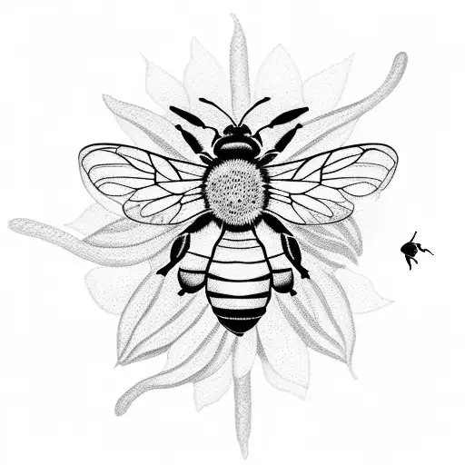 A Dotwork Tattoo Of A Bee Flying Amidst A Field Of Wildflowers