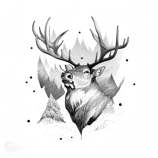 Bull Elk And Compound Bow And Golf And Mountains And Rivers And Sunset