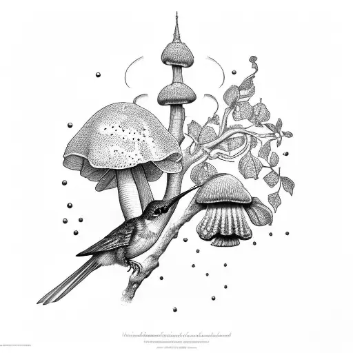 Hummingbird And Cardinal With A Pecan Tree And Mushrooms At The Bottom Of The Pecan Tree