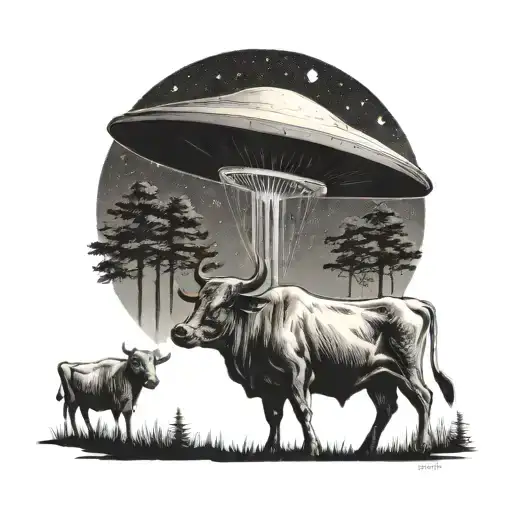 Classic Alien Ship Abducting A Cow In A Forest