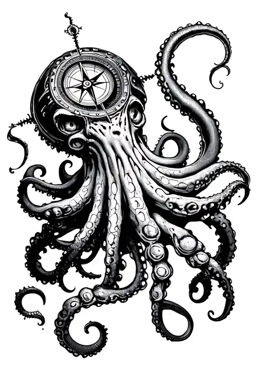 Angry Kracken Octopus In Ocean With Nautical Compass In Middle With Tentacles Out Wide With Waves