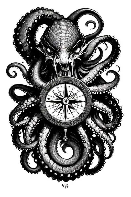 Angry Kracken Octopus In Ocean With Nautical Compass In Middle With Tentacles Out Wide With Waves