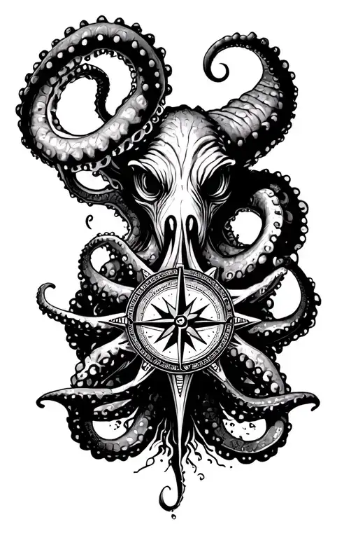 Angry Kracken Octopus In Ocean With Nautical Compass In Middle With Tentacles Out Wide With Waves