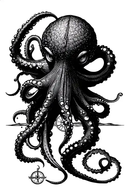 Angry Kracken Octopus In Ocean With Nautical Compass In Middle With Tentacles Out Wide With Waves